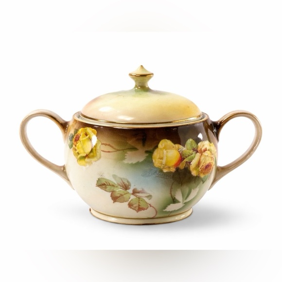 PSAG Other - Antique P.S.A.G. Bavaria Hand Painted Sugar Bowl Yellow Roses Gold Trim